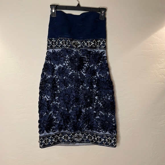 SUE WONG Blue Embellished and Embroidered Ribbon Floral Strapless Dress - Picture 2 of 11